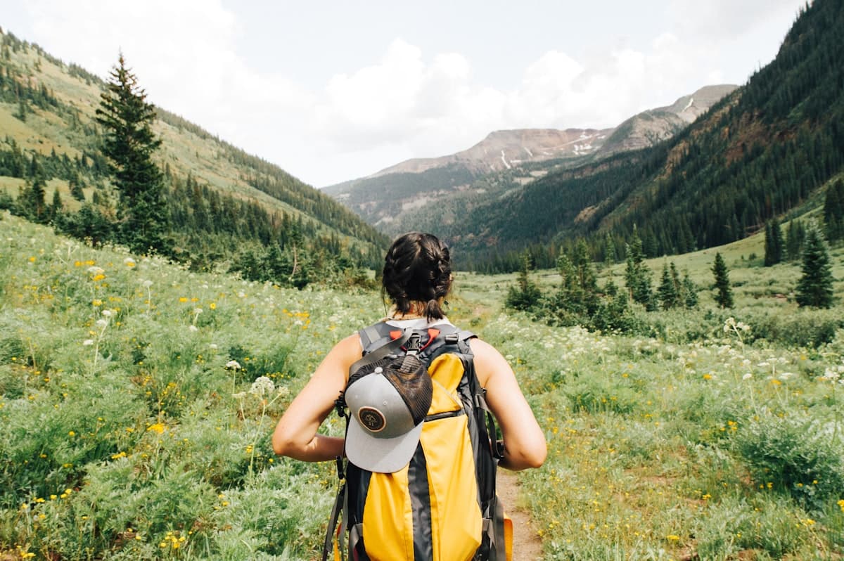 Backpacker on mountain trail